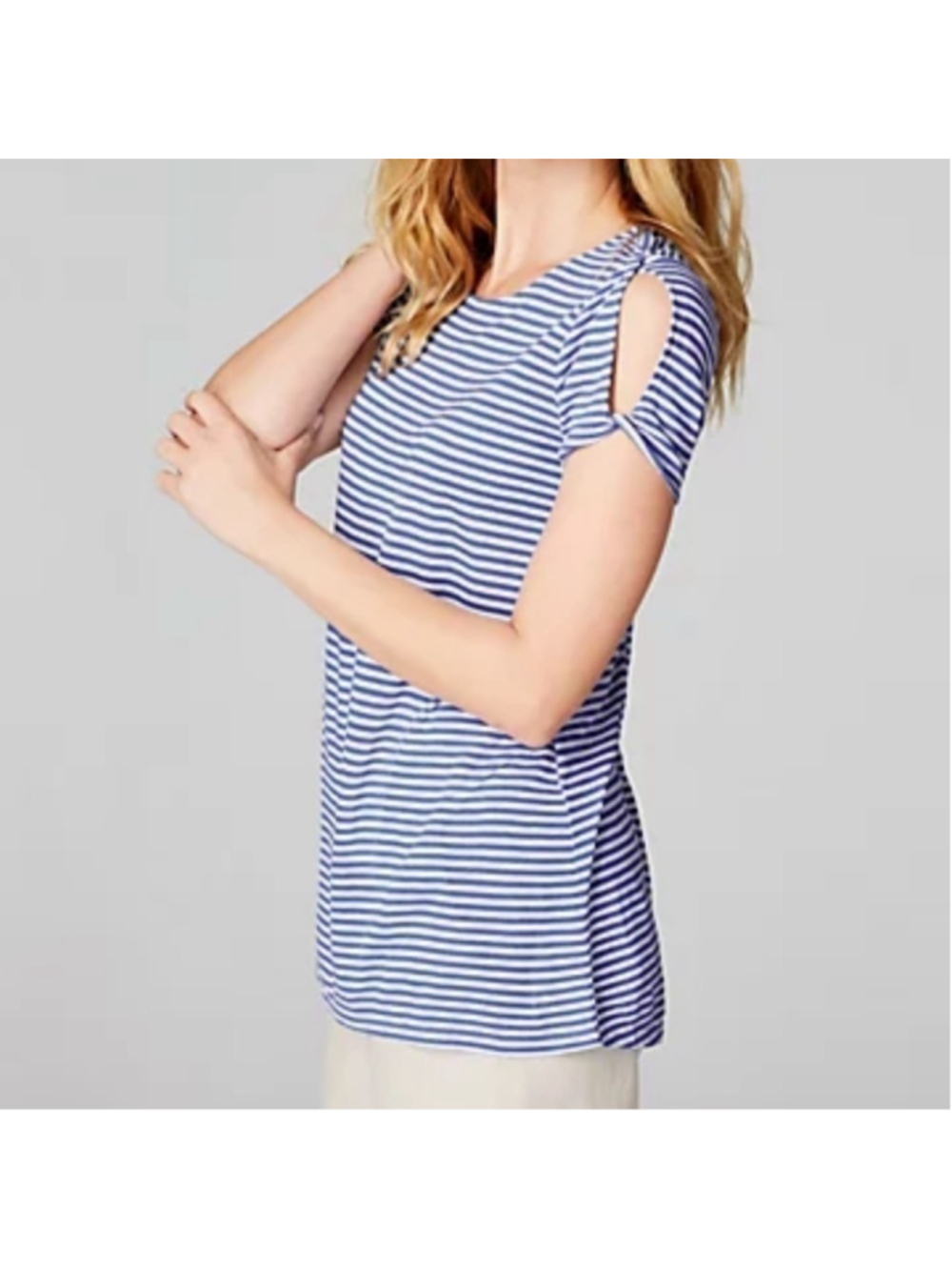 J. Jill blue white linen tee shirt short open sleeve NWT petite